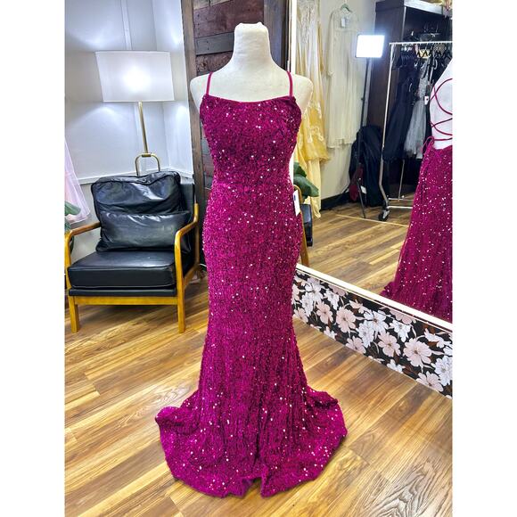 Fuchsia Sequin Mermaid XL Gown Lace Up Back Formal Prom Evening Dress - Picture 4 of 7